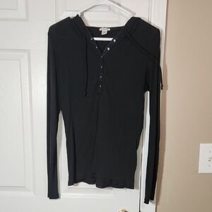 Black Long-Sleeve Hooded Henley Top